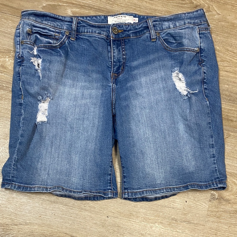torrid Blue Distressed Denim Bermuda Shorts